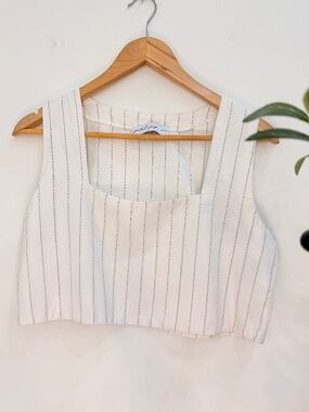 Petal & Pup White Pinstripe Crop Tank Top Linen Blend Square Neck Size L